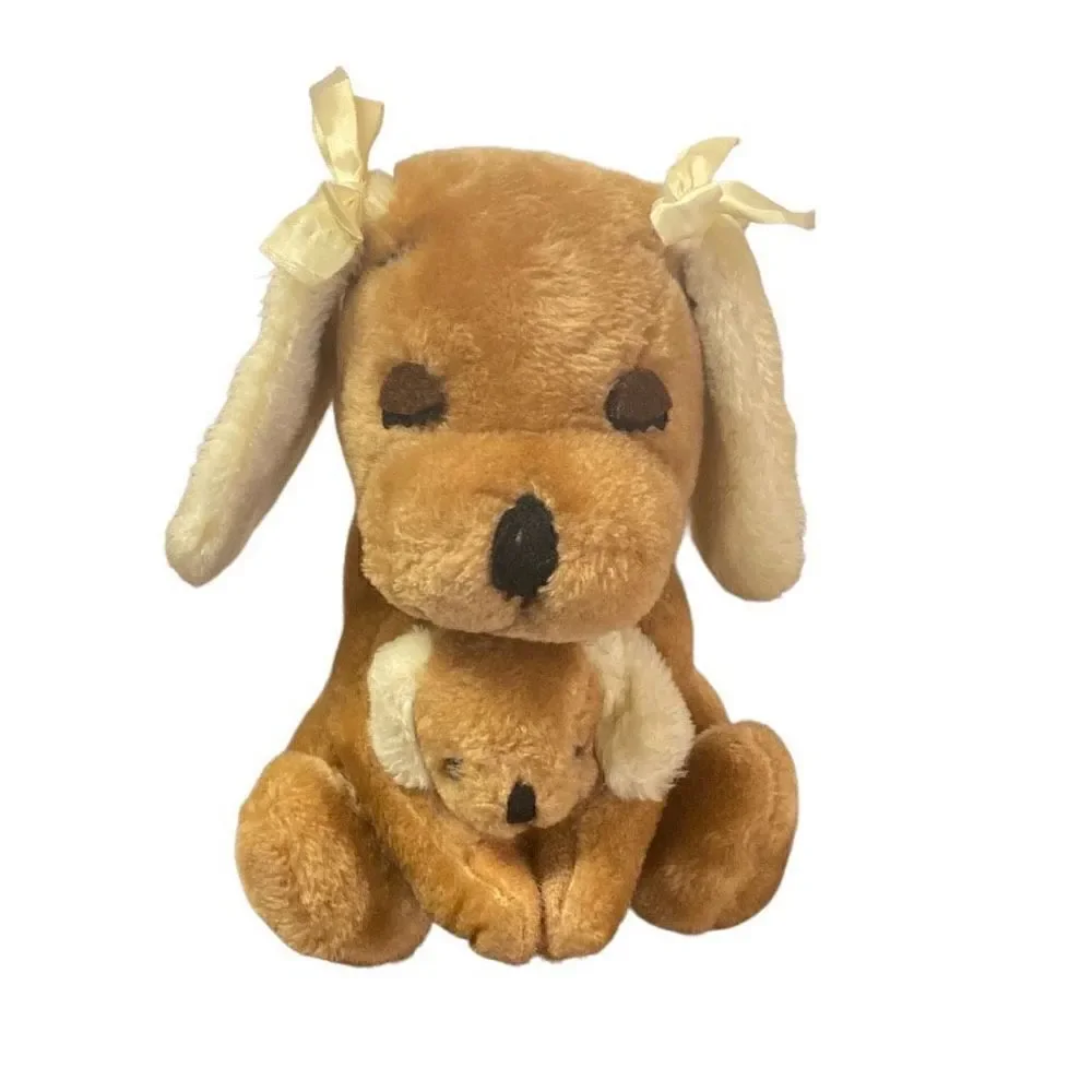 Vintage 1977 R Dakin & Co Sitting Sleepy Eyed Praying Dog and Puppy
